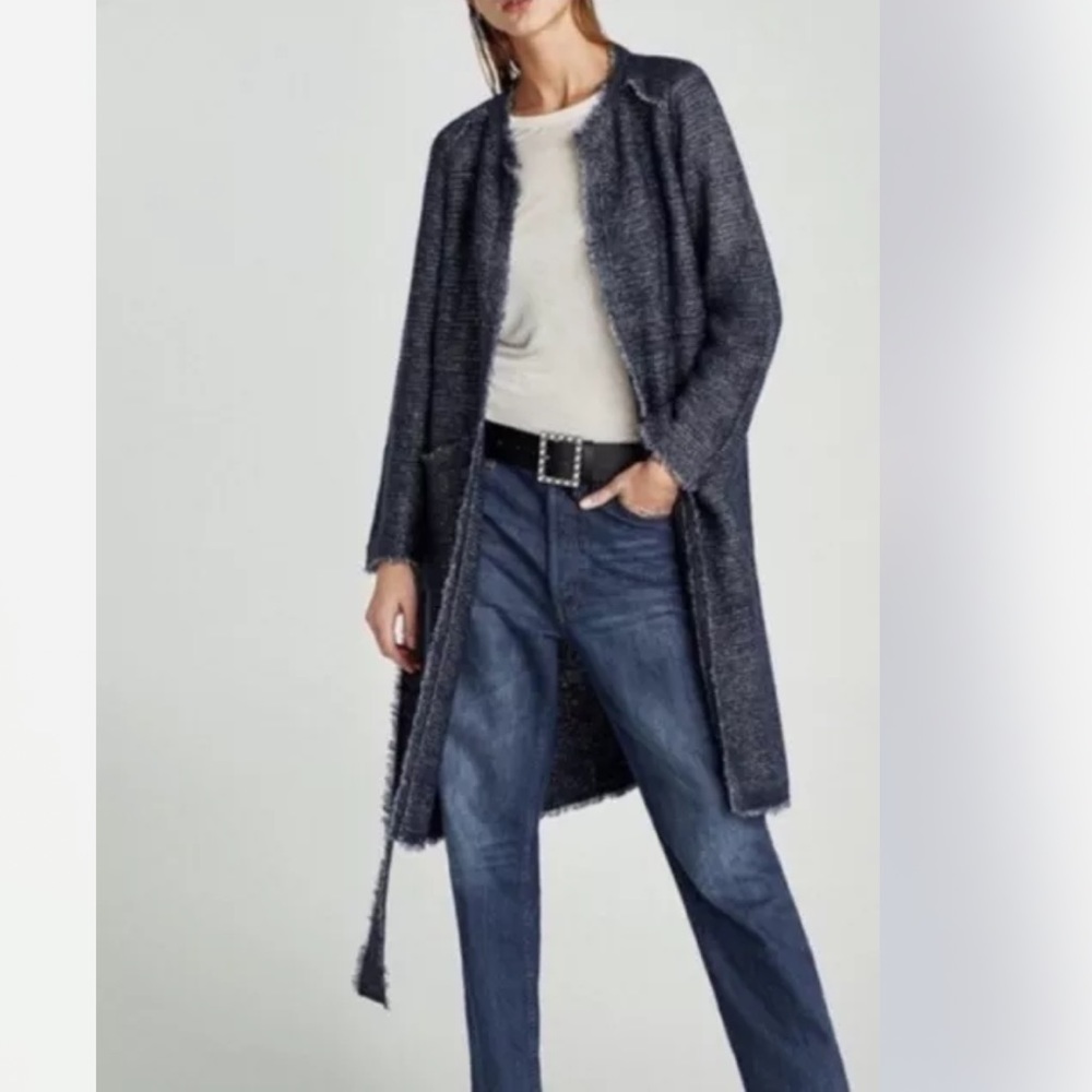 Zara Navy Blue Silver Metallic Shimmer Belted Sweater Cardigan Duster Me…